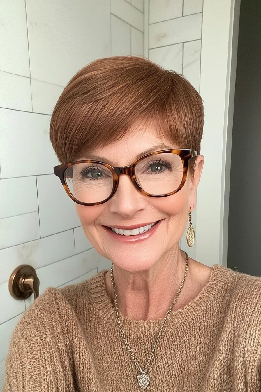 19. Rich Chestnut Cropped Pixie (Pixie Haircuts For Women Over 60 With Glasses) - Pixie Haircuts For Women Over 60 With Glasses