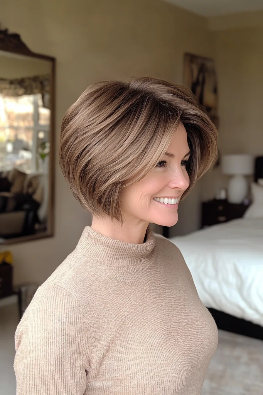 19. Short Layered Bob with Light Ash Brown (Short Hairstyles For Thick Hair For Women Over 50) - Short Hairstyles For Thick Hair For Women Over 50