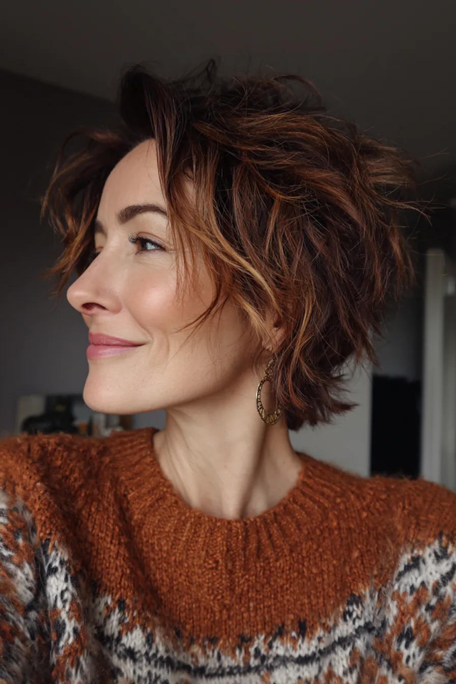 19. Textured Shag Crop with Copper Highlights (Short Haircuts For Women Over 50 With Wavy Hair) - Short Haircuts For Women Over 50 With Wavy Hair