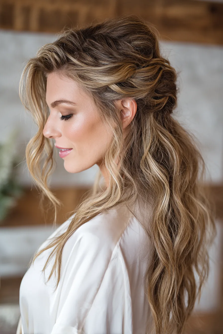19. Wavy Half-Updo with Light Ash Brown Layers (Wedding Hairstyles) - Wedding Hairstyles
