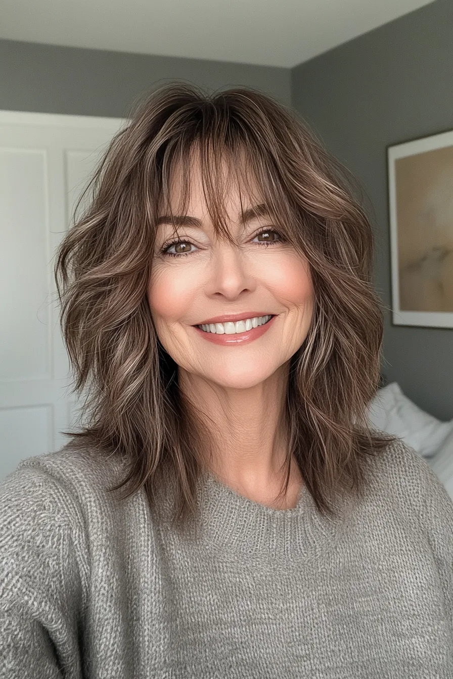 2. Ash Brown Shag with Choppy Bangs (Edgy Hairstyles For Women Over 60) - Edgy Hairstyles For Women Over 60