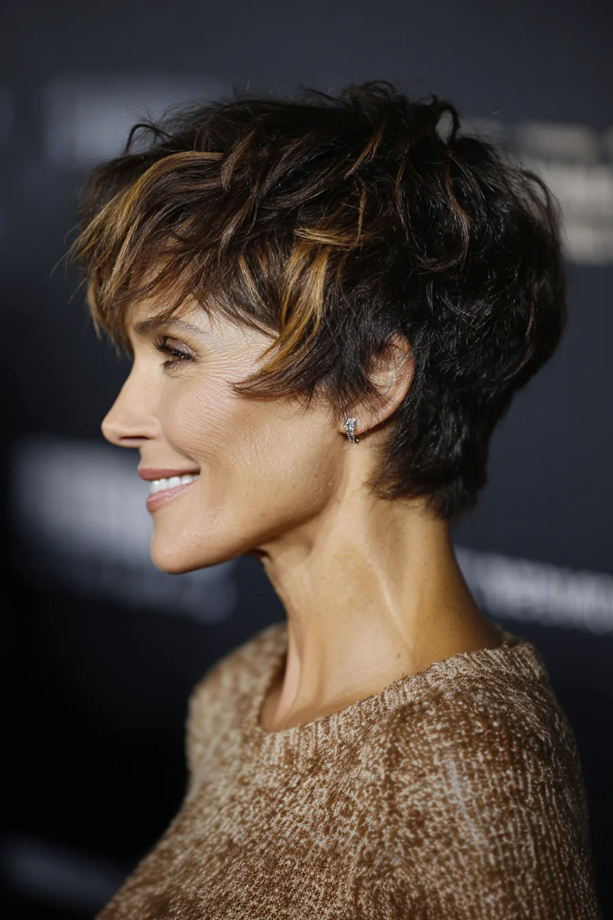2. Layered Pixie with Caramel Streaks (Short Haircuts For Women Over 50 With Wavy Hair) - Short Haircuts For Women Over 50 With Wavy Hair
