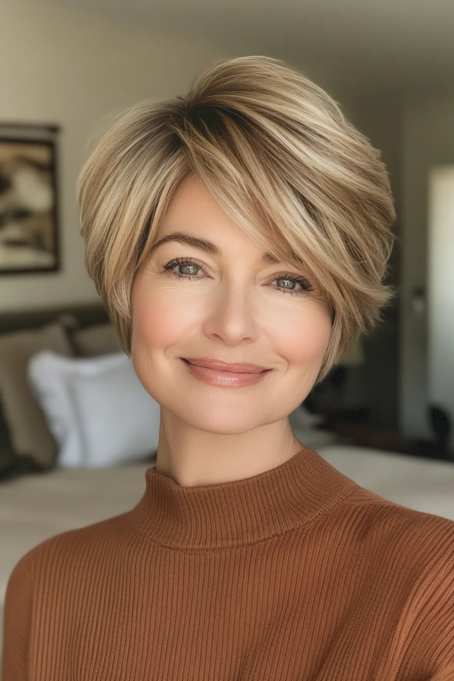 2. Layered Pixie with Sandy Blonde (Short Hairstyles For Thick Hair For Women Over 50) - Short Hairstyles For Thick Hair For Women Over 50