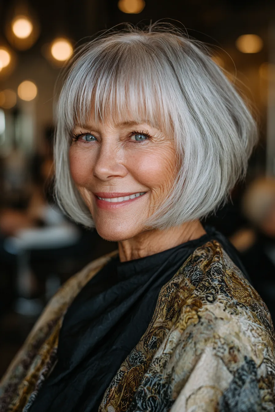 20. Blunt Midi Cut with Short Bangs in Natural Silver (Medium Length Hairstyles For Women Over 60 With Bangs) - Medium Length Hairstyles For Women Over 60 With Bangs