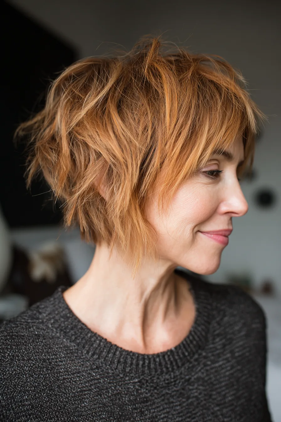 20. Messy Bowl Cut in Warm Caramel (Short Messy Hairstyles For Women Over 50) - Short Messy Hairstyles For Women Over 50