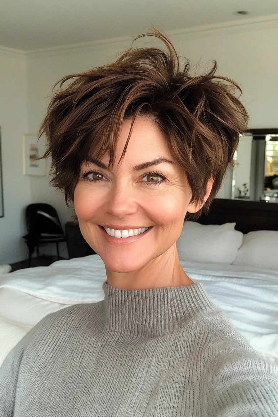 20. Messy Pixie with Dark Chestnut (Short Hairstyles For Thick Hair For Women Over 50) - Short Hairstyles For Thick Hair For Women Over 50