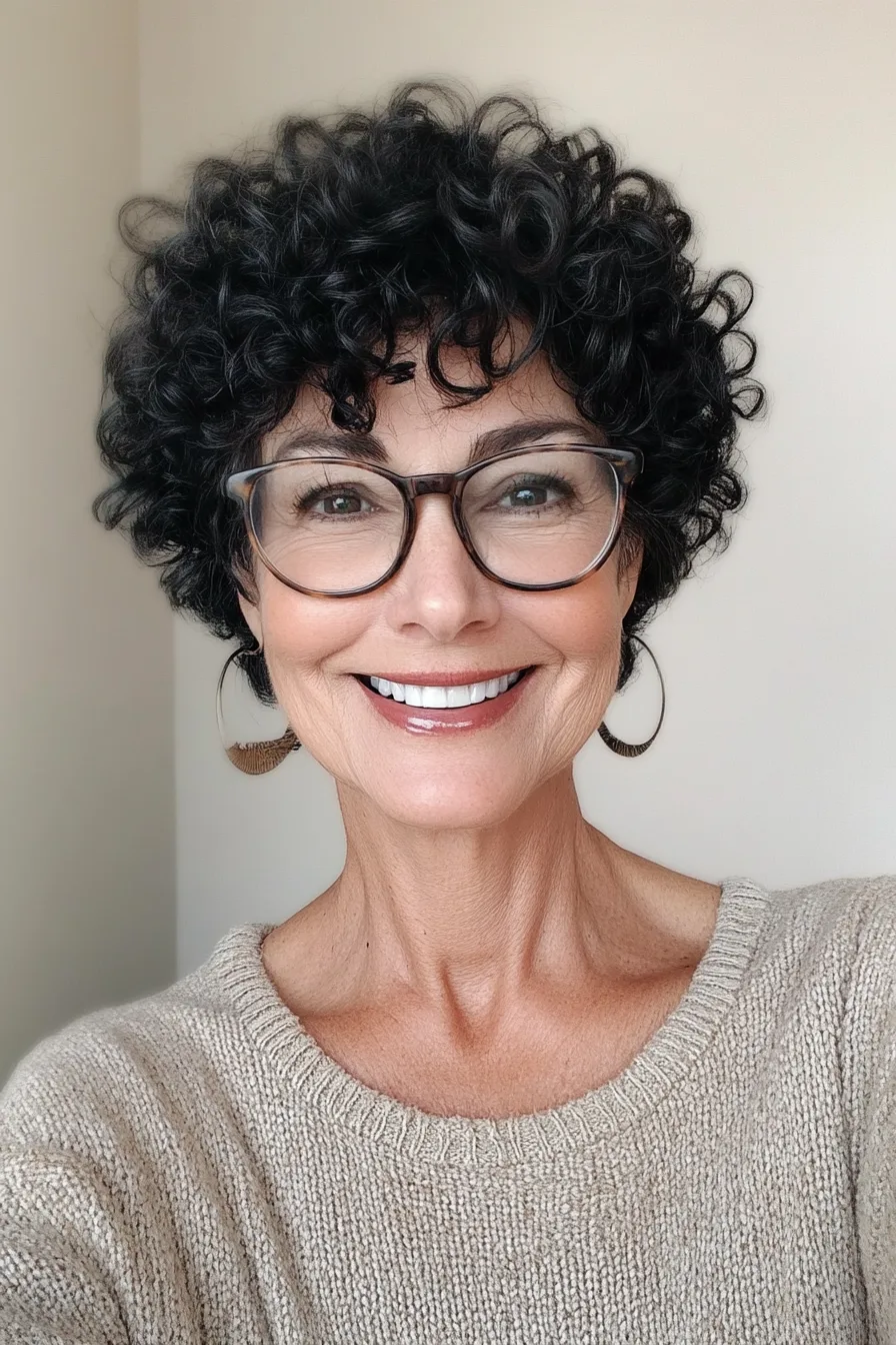 20. Short Curly Pixie in Natural Black (Pixie Haircuts For Women Over 60 With Glasses) - Pixie Haircuts For Women Over 60 With Glasses