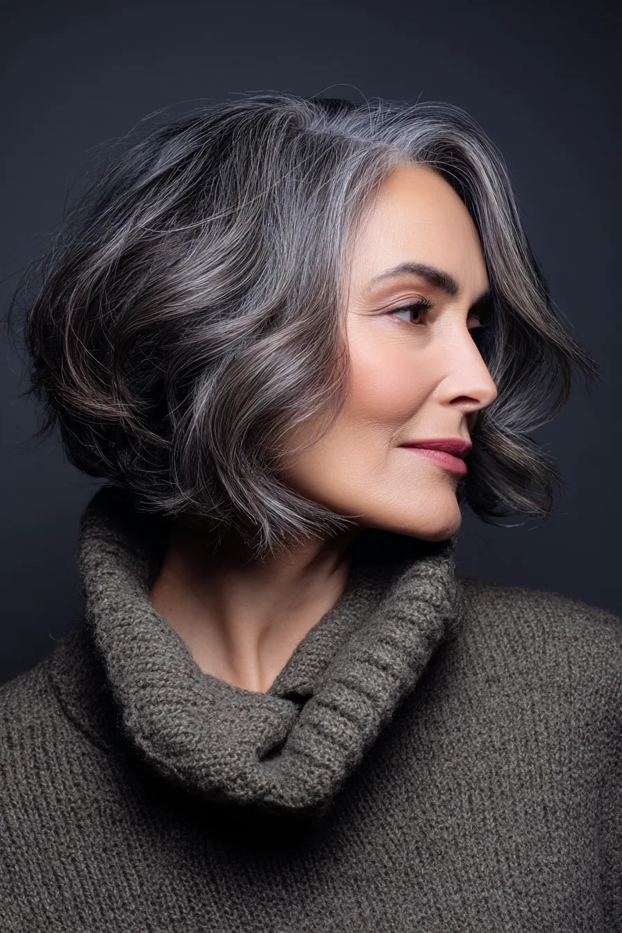 20. Side-Swept Bob in Smoky Gray (Short Haircuts For Women Over 50 With Wavy Hair) - Short Haircuts For Women Over 50 With Wavy Hair