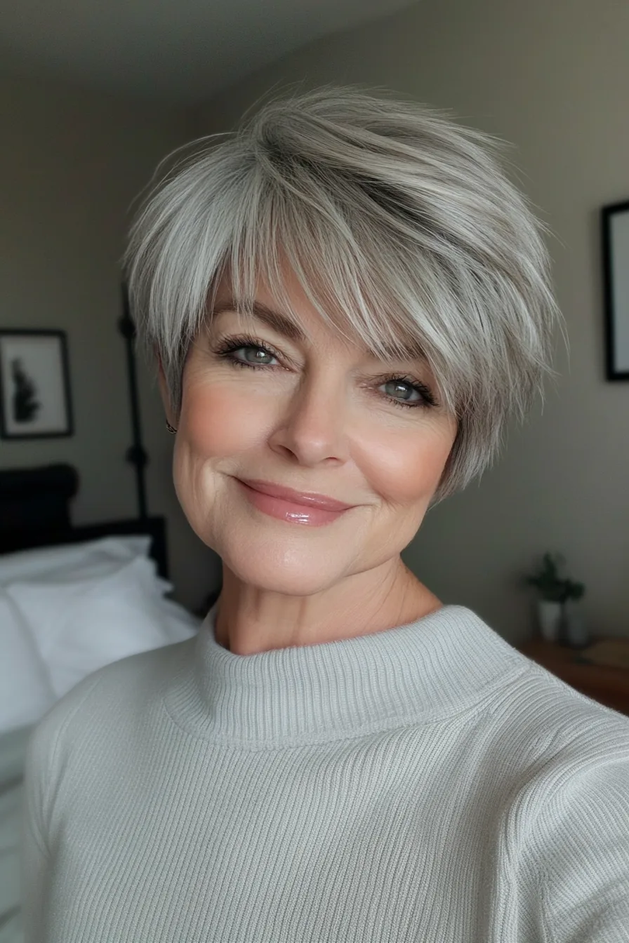 21. Cropped Cut with Soft Bangs in Sandy Gray (Short Wispy Haircuts Older Women) - Short Wispy Haircuts Older Women