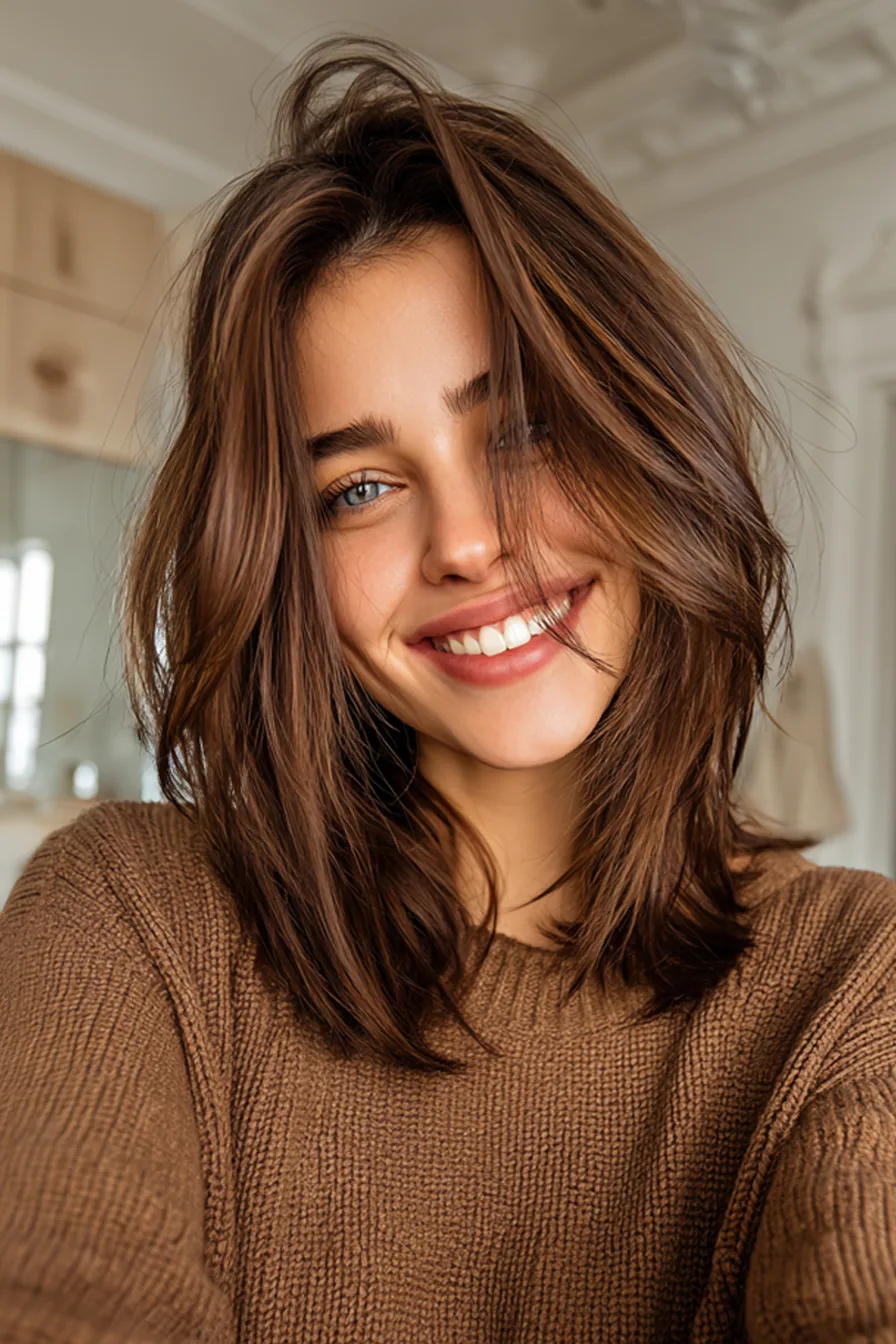 21. Glossed Toffee Layered Lob (Old Money Haircuts) - Old Money Haircuts