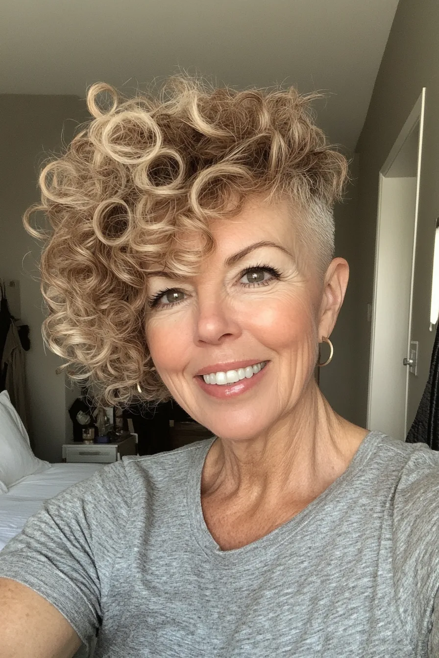 21. Honey Blonde Curly Crop with Shaved Sides (Edgy Hairstyles For Women Over 60) - Edgy Hairstyles For Women Over 60