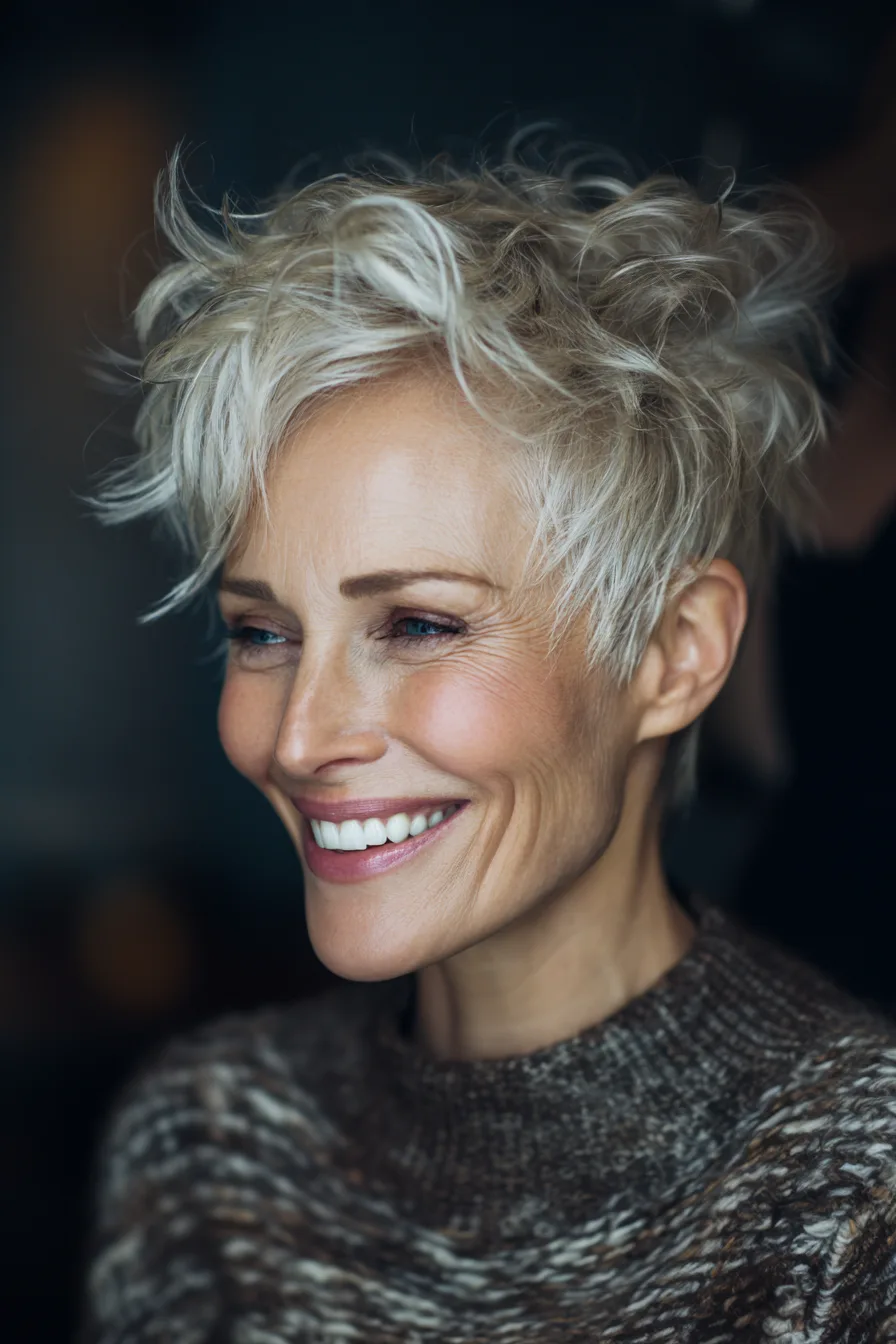 21. Messy Pixie with Platinum Blonde Touches (Short Haircuts For Women Over 50 With Wavy Hair) - Short Haircuts For Women Over 50 With Wavy Hair
