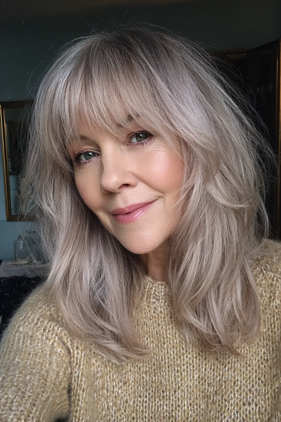 21. Shoulder-Skimming Layers with Long Bangs in Soft Beige Gray (Medium Length Hairstyles For Women Over 60 With Bangs) - Medium Length Hairstyles For Women Over 60 With Bangs