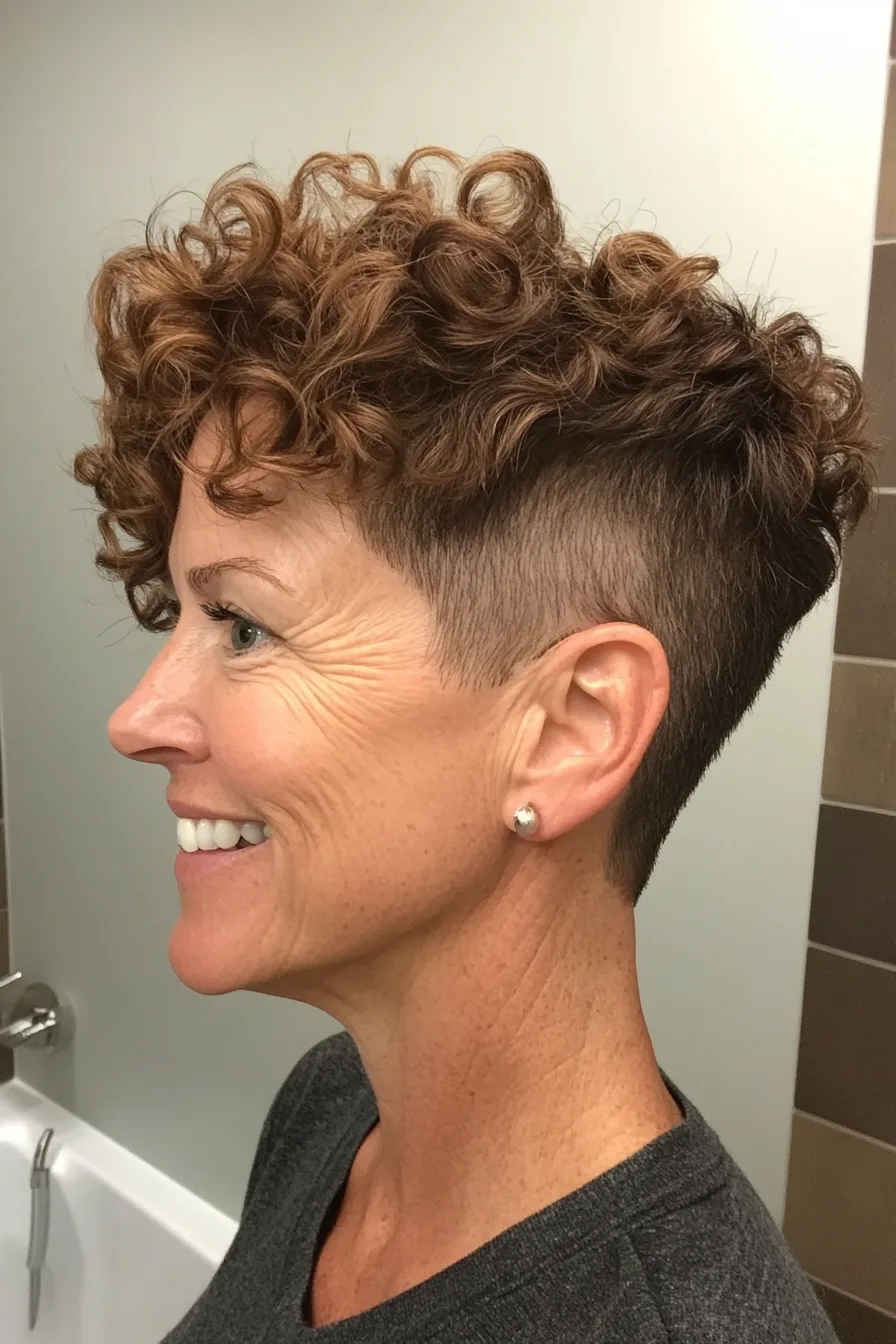 21. Warm Brunette Curly Undercut Crop (Undercut Hairstyles For Women Over 50) - Undercut Hairstyles For Women Over 50