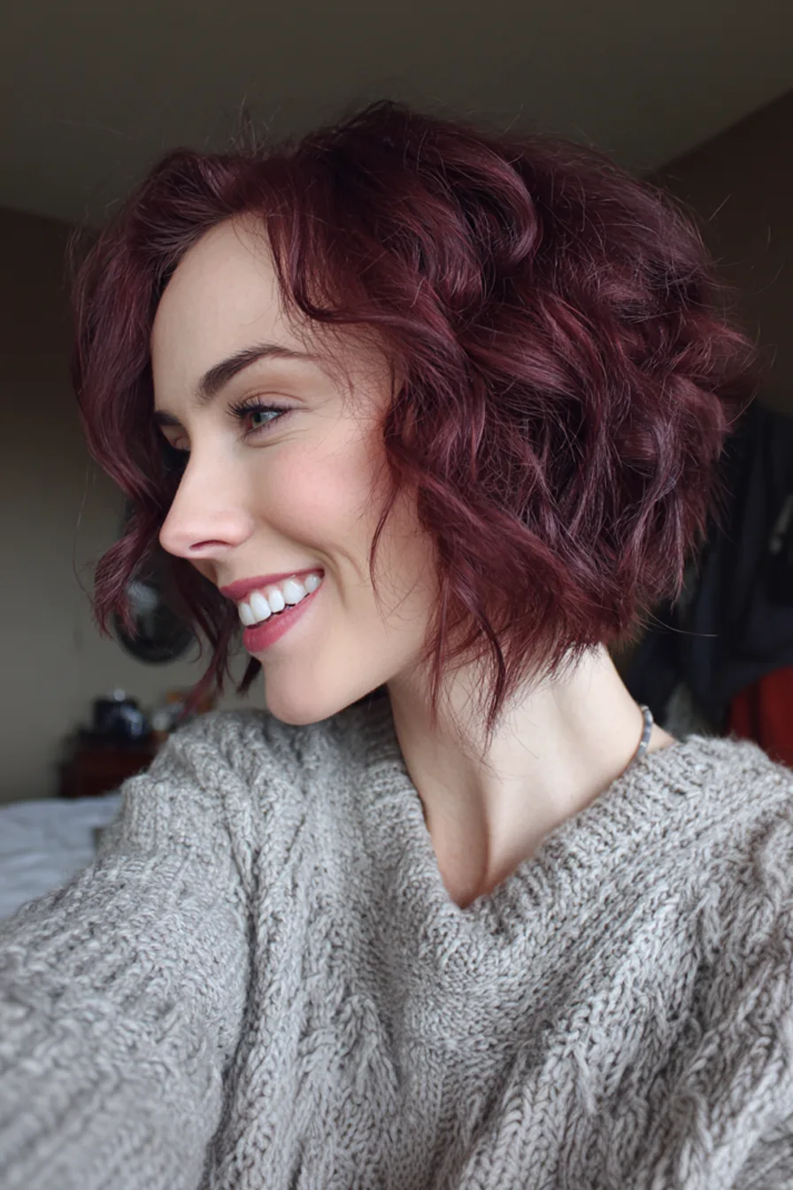 22. Angled Wavy Bob in Rich Burgundy (Short Haircuts For Women Over 50 With Wavy Hair) - Short Haircuts For Women Over 50 With Wavy Hair