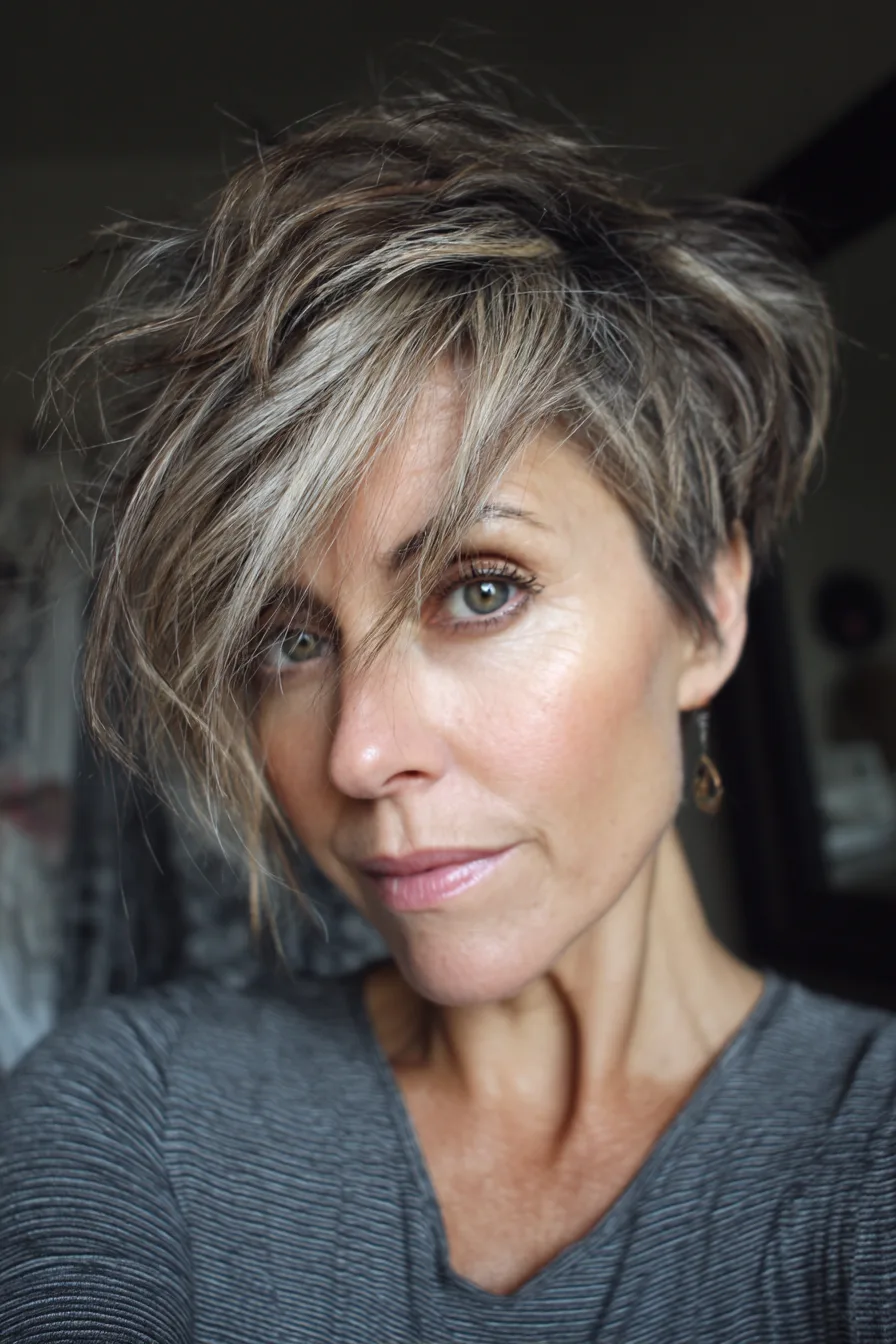 22. Disconnected Pixie with Soft Mocha Highlights (Short Messy Hairstyles For Women Over 50) - Short Messy Hairstyles For Women Over 50