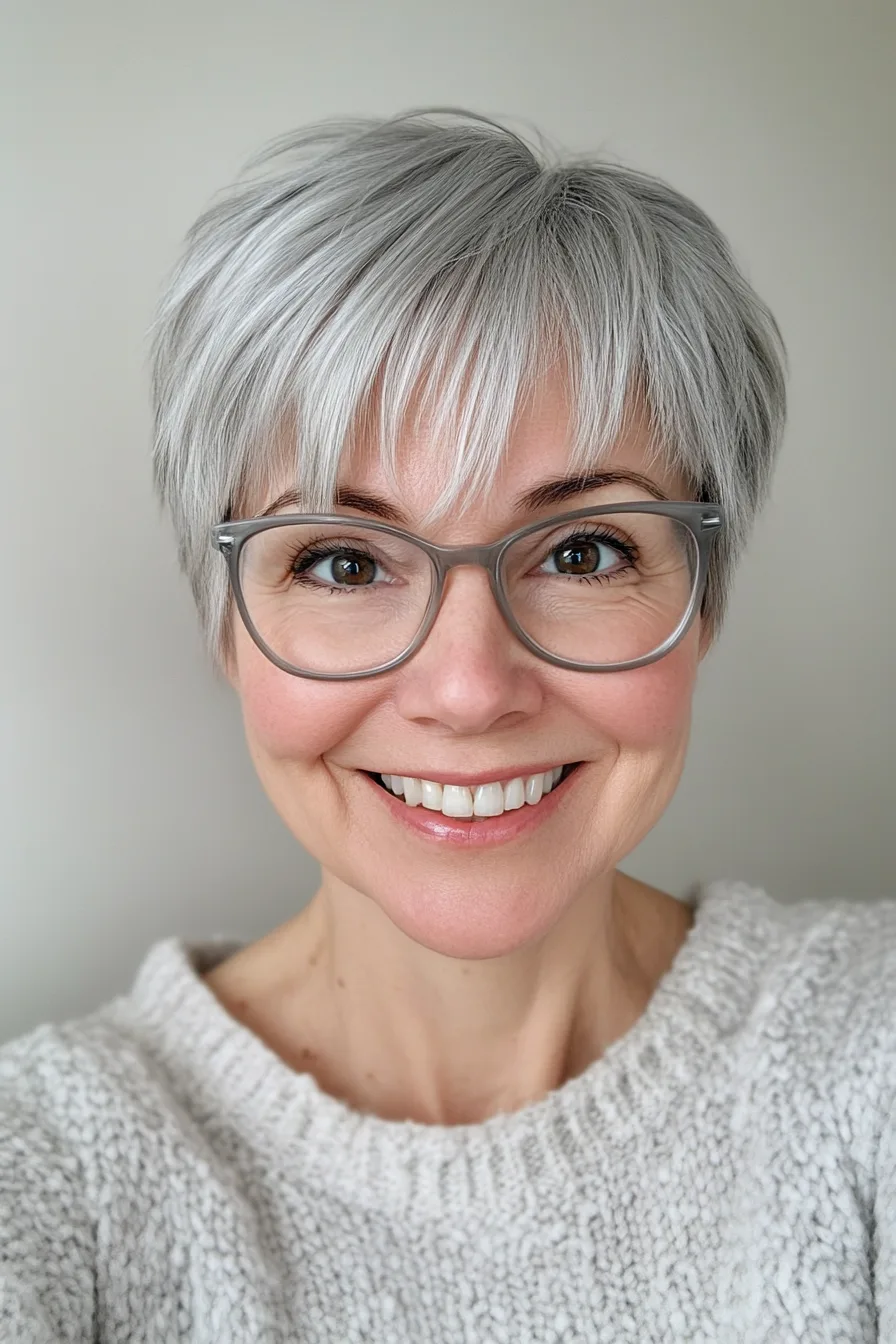 22. Platinum Gray Pixie with Fringe Detail (Pixie Haircuts For Women Over 60 With Glasses) - Pixie Haircuts For Women Over 60 With Glasses