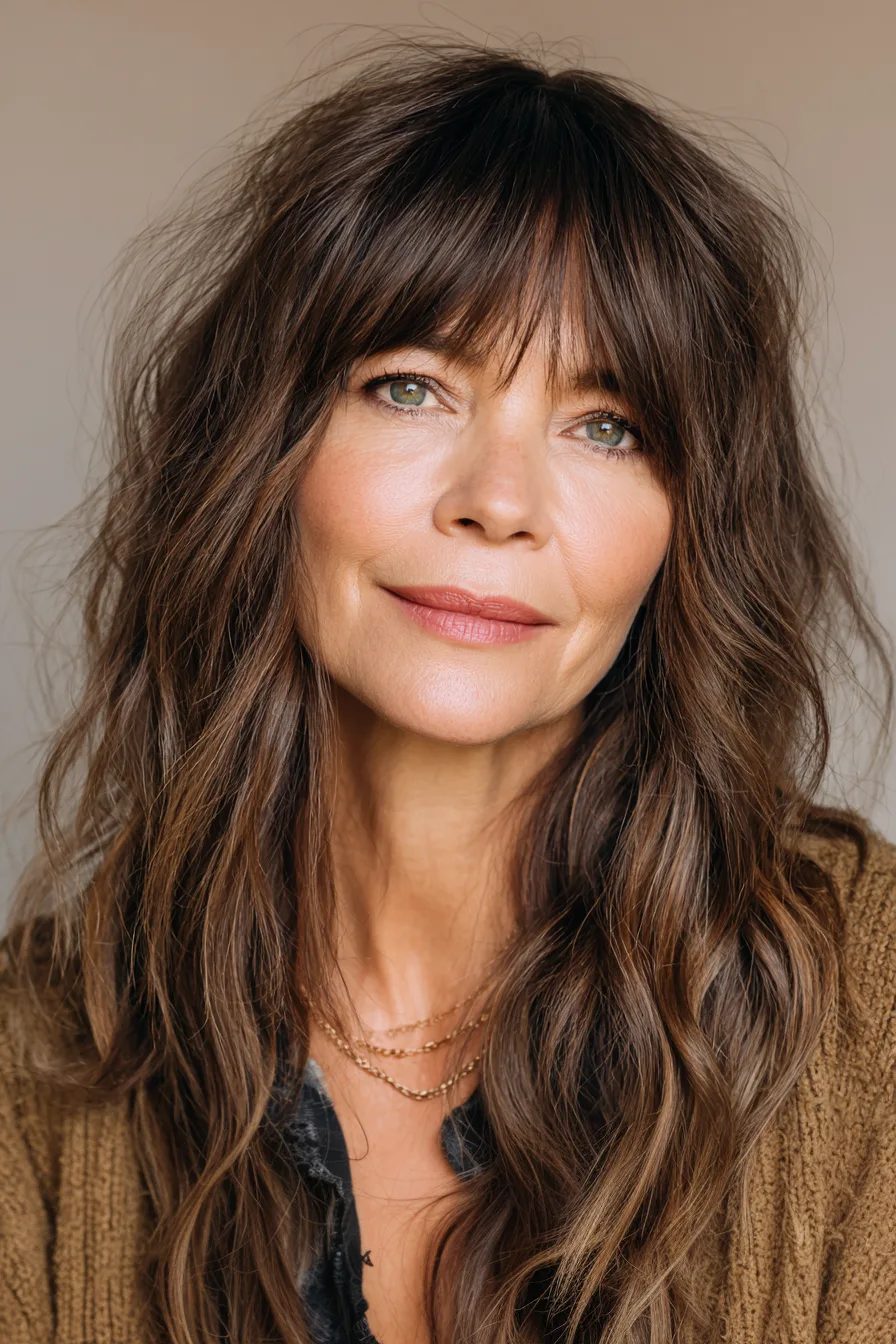 22. Tousled Lob with Curtain Bangs in Chocolate Brown (Medium Length Hairstyles For Women Over 60 With Bangs) - Medium Length Hairstyles For Women Over 60 With Bangs