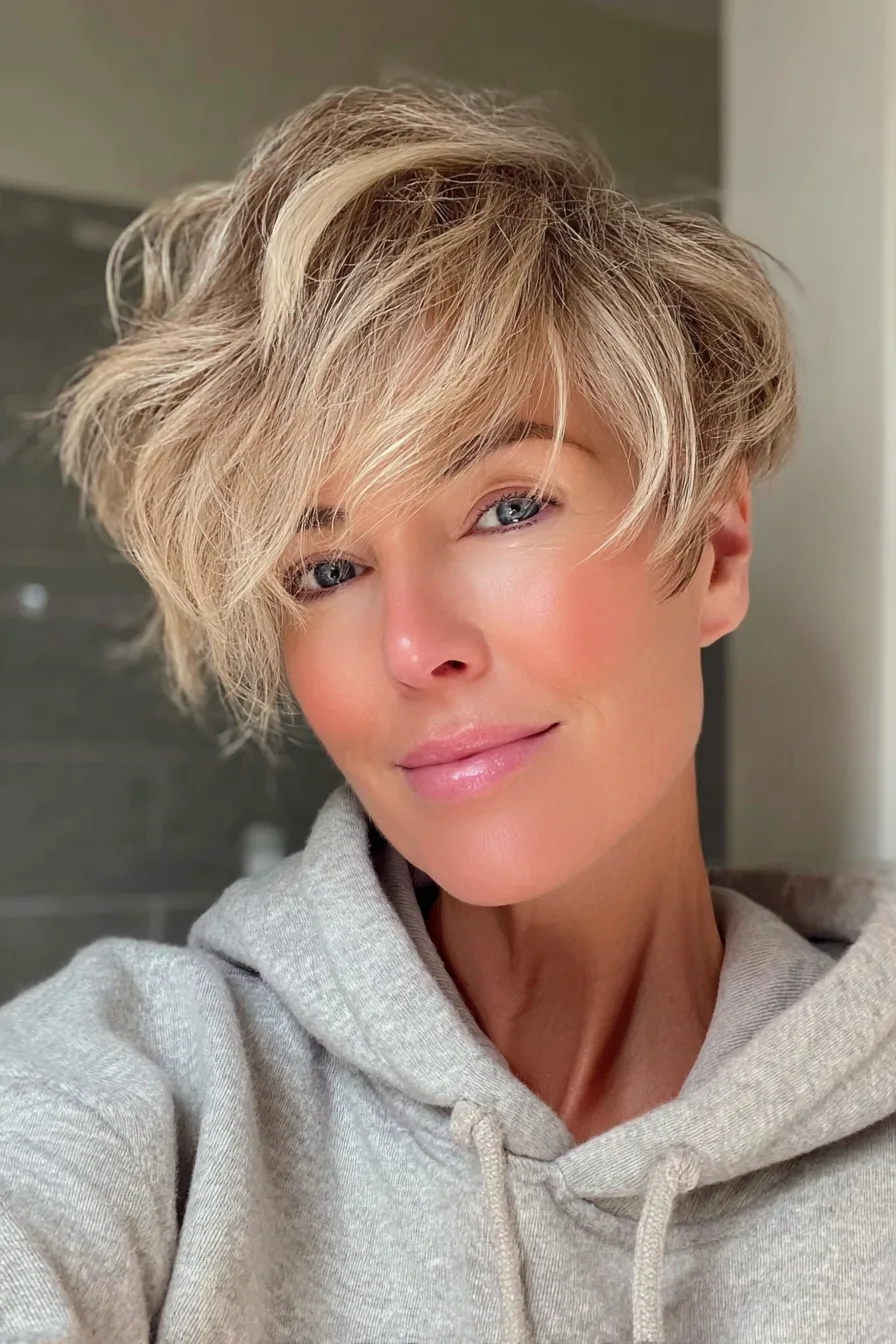 23. Layered Pixie-Bob in Warm Beige Blonde (Short Haircuts For Women Over 50 With Wavy Hair) - Short Haircuts For Women Over 50 With Wavy Hair