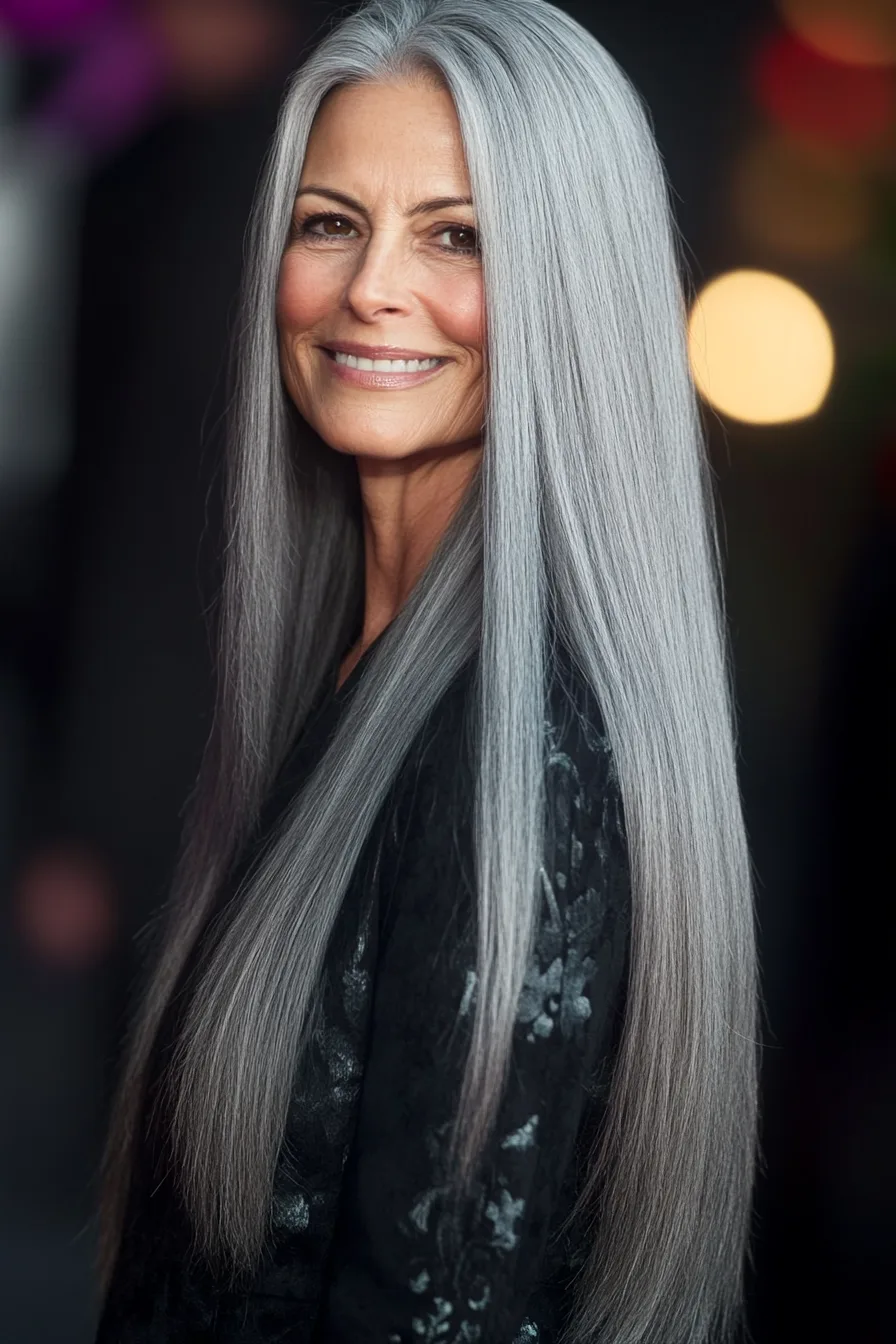 23. Misty Gray Long Blunt Cut with Center Part (Blunt Haircuts For Women Over 60) - Blunt Haircuts For Women Over 60