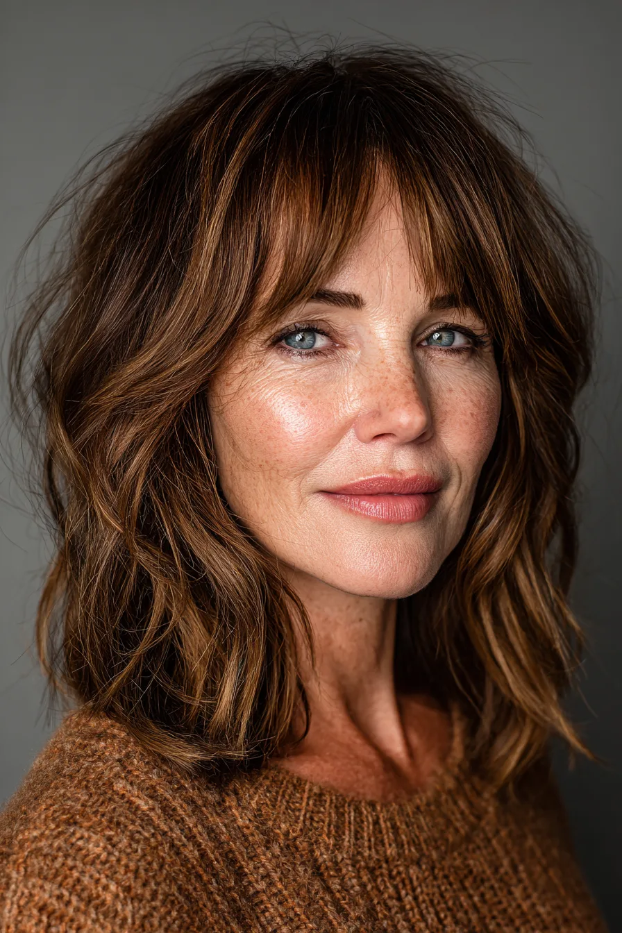 23. Retro-Inspired Medium Layers with Arched Fringe in Caramel Brown (Medium Length Hairstyles For Women Over 60 With Bangs) - Medium Length Hairstyles For Women Over 60 With Bangs