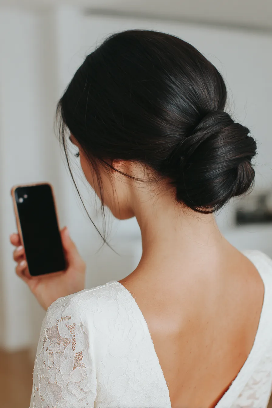 23. Sleek Center-Part Bun in Jet Black (Wedding Hairstyles) - Wedding Hairstyles
