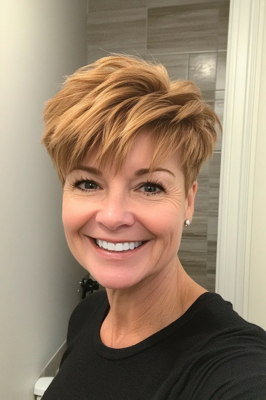 23. Windswept Pixie with Golden Brown (Short Hairstyles For Thick Hair For Women Over 50) - Short Hairstyles For Thick Hair For Women Over 50
