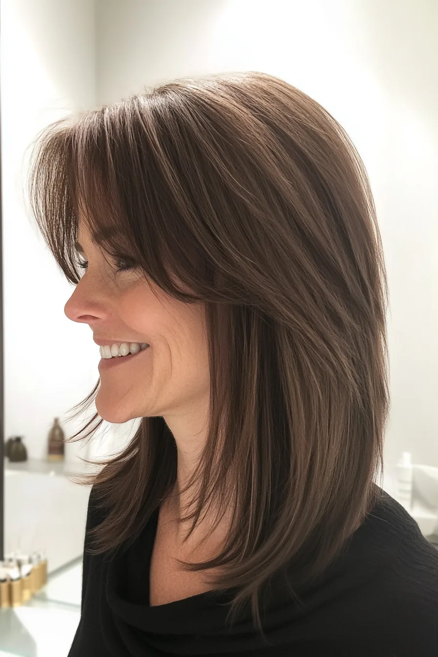24. Curtain Bangs with a Cocoa Brown Lob (Easy Haircuts For Women Over 40) - Easy Haircuts For Women Over 40
