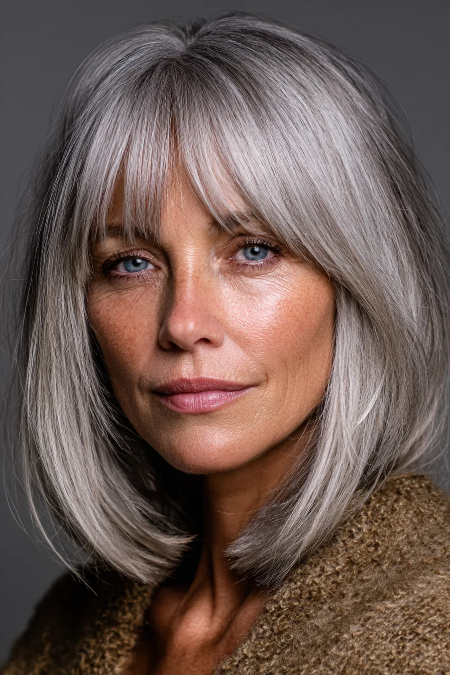 24. Silky Straight Lob with Fine Bangs in Medium Ash Blonde (Medium Length Hairstyles For Women Over 60 With Bangs) - Medium Length Hairstyles For Women Over 60 With Bangs
