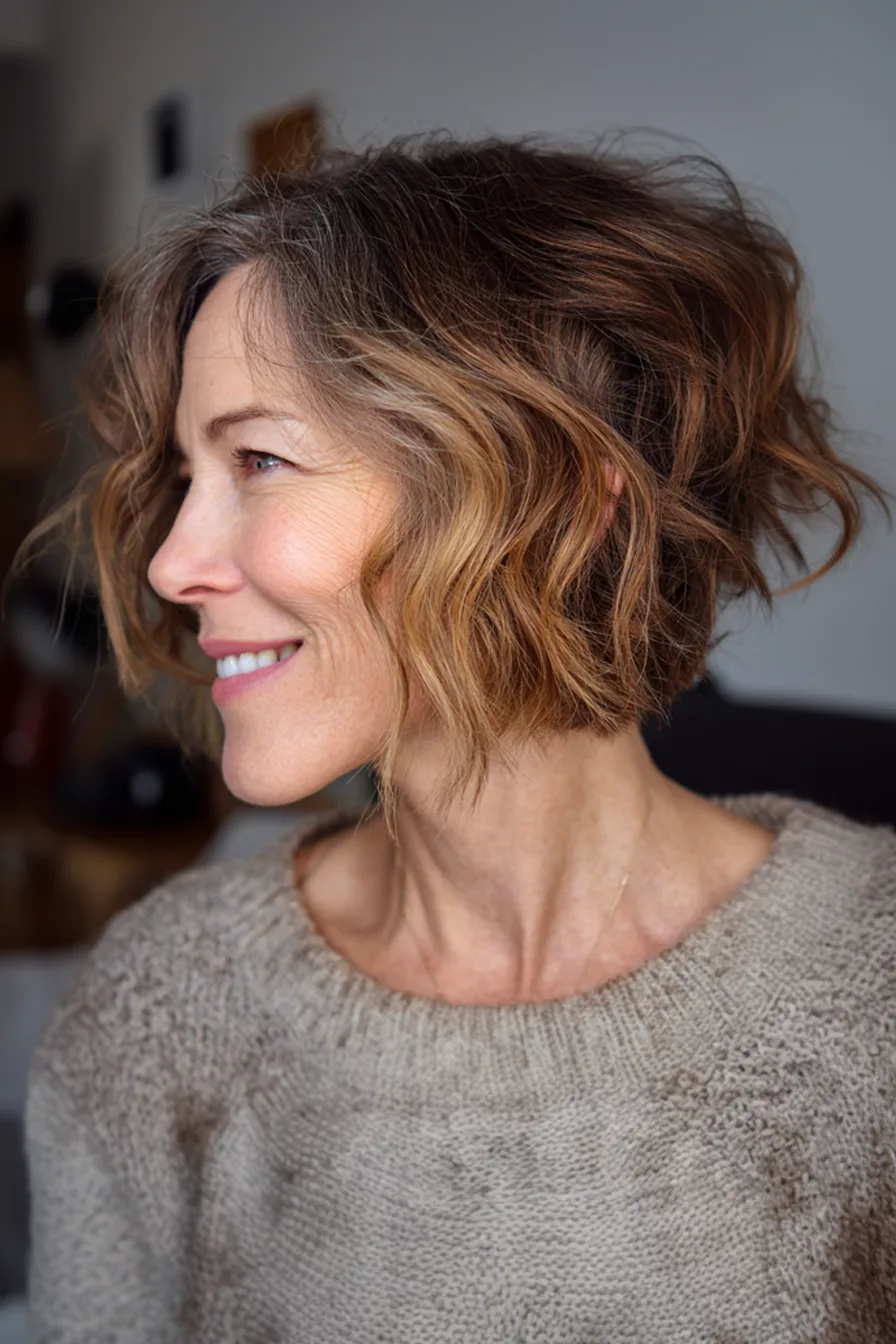 24. Wavy Crop with Cinnamon Highlights (Short Haircuts For Women Over 50 With Wavy Hair) - Short Haircuts For Women Over 50 With Wavy Hair