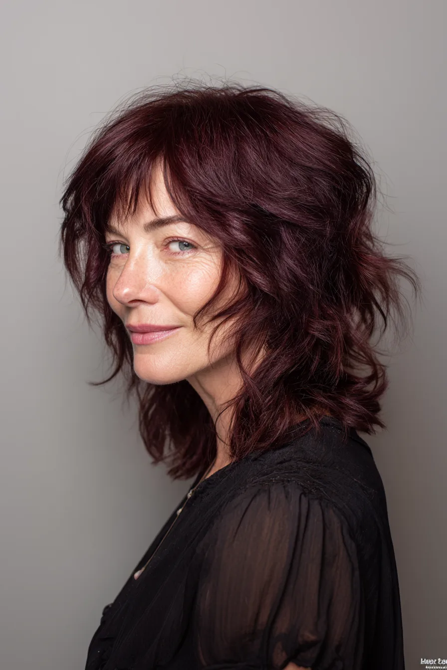 25. Deep Burgundy Layered Shag (Fall Haircuts For Women Over 50) - Fall Haircuts For Women Over 50