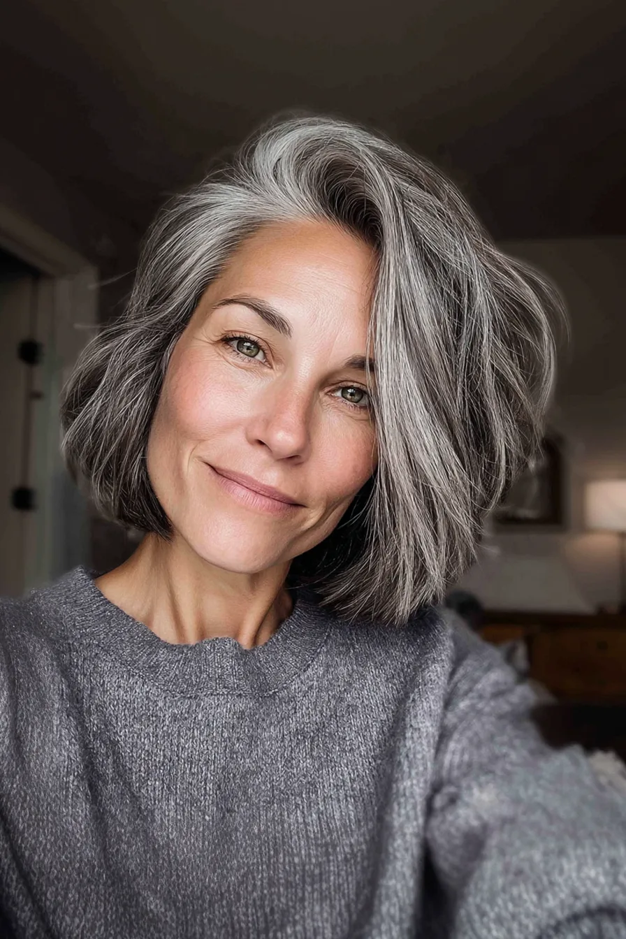 26. Salt-and-Pepper Blended Bob (Fall Haircuts For Women Over 50) - Fall Haircuts For Women Over 50