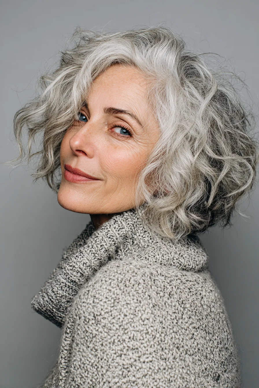 26. Short Curly Bob with Silver Lowlights (Short Haircuts For Women Over 50 With Wavy Hair) - Short Haircuts For Women Over 50 With Wavy Hair