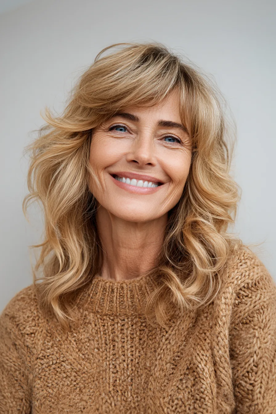 27. Golden Blonde Feathered Layers (Fall Haircuts For Women Over 50) - Fall Haircuts For Women Over 50