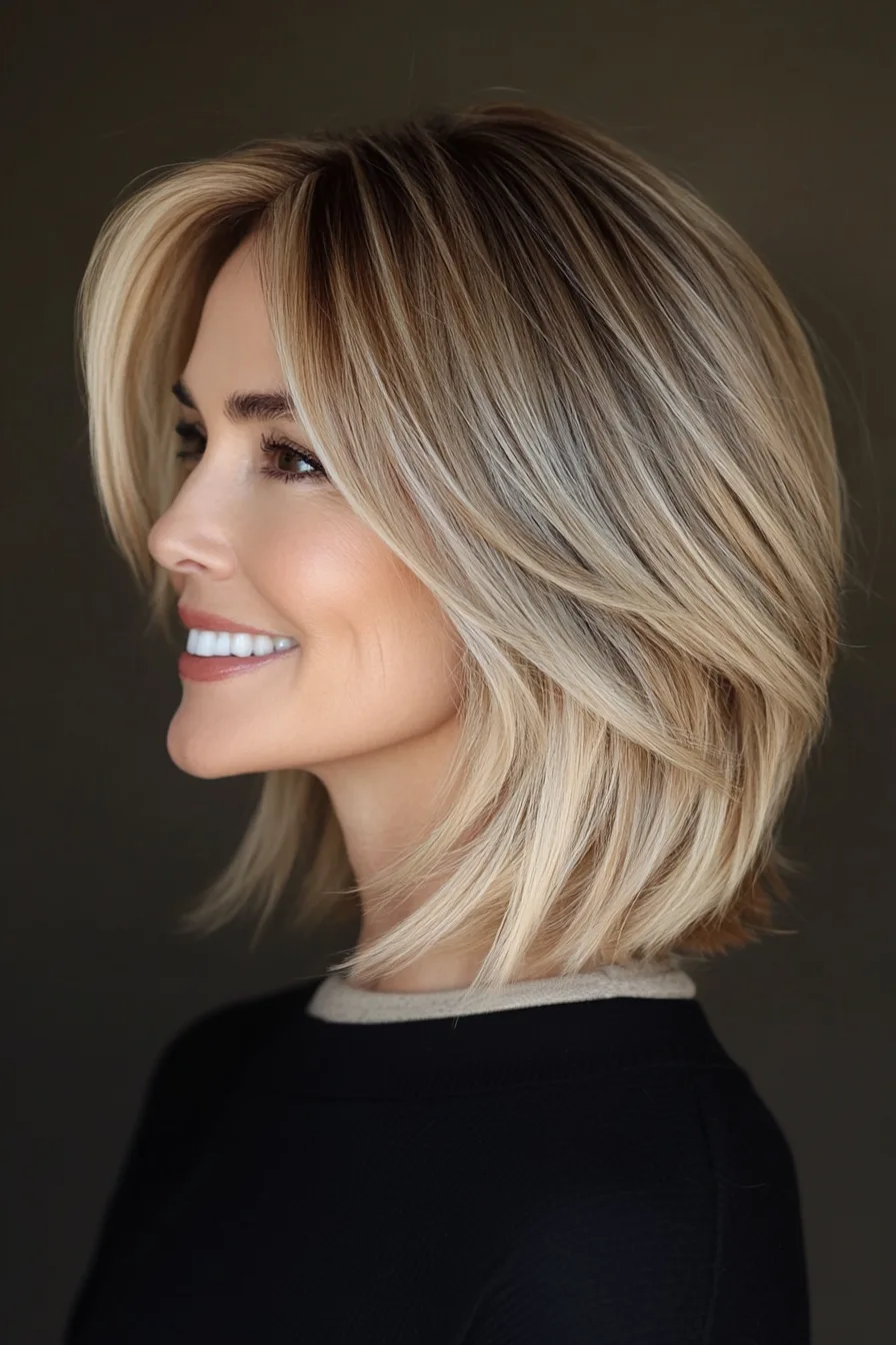 3. Angled Lob with Sandy Blonde Highlights (Easy Haircuts For Women Over 40) - Easy Haircuts For Women Over 40