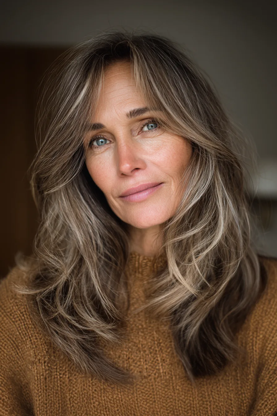 3. Ash Brown Long Layers with Balayage (Fall Haircuts For Women Over 50) - Fall Haircuts For Women Over 50