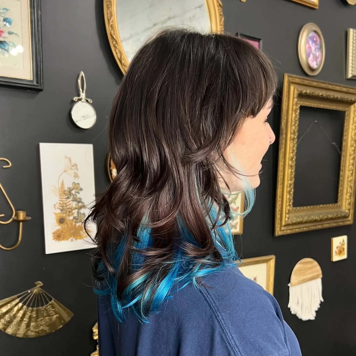 3. Dark Brunette Shag with Electric Blue Underdye (Medium Layered Shag)