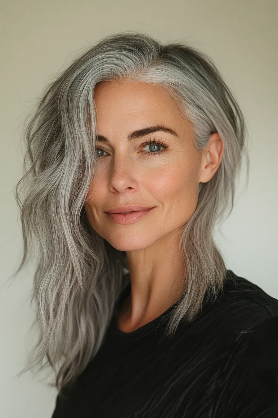 3. Natural Gray Side-Swept Undercut (Undercut Hairstyles For Women Over 50) - Undercut Hairstyles For Women Over 50