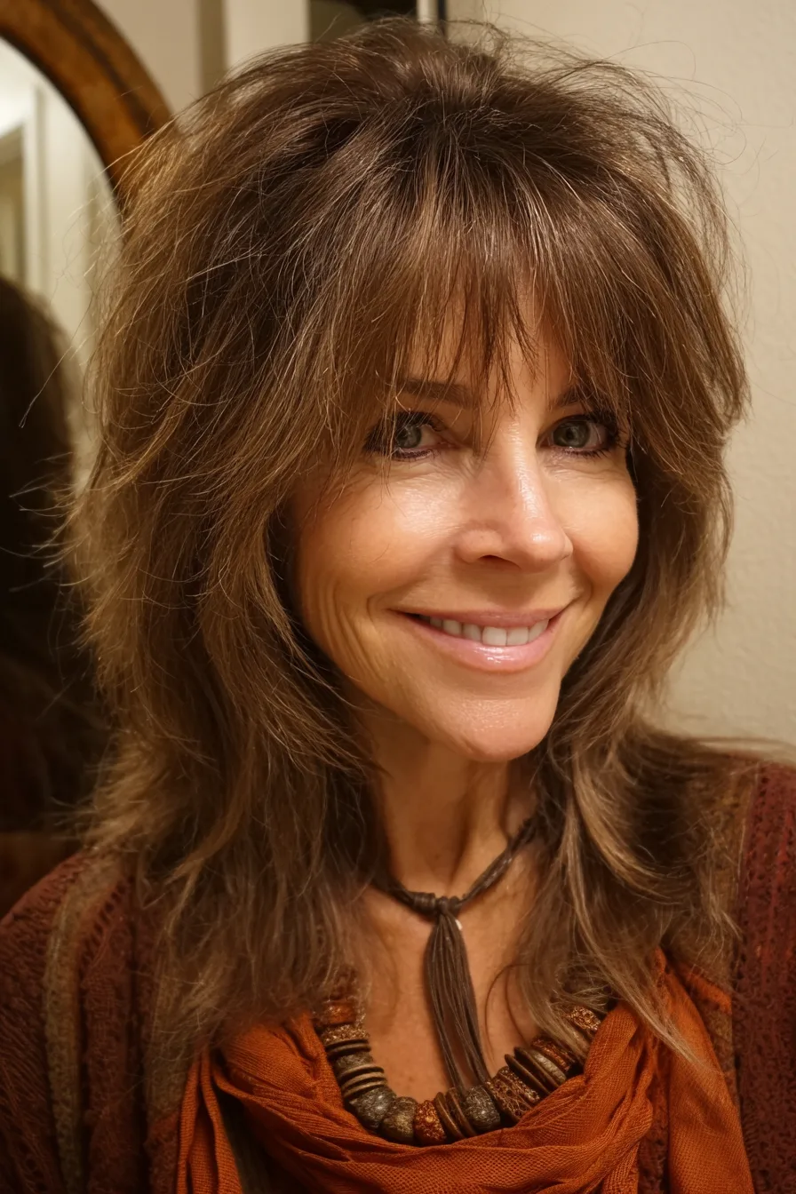 3. Textured Shag with Curtain Bangs in Warm Chestnut (Medium Length Hairstyles For Women Over 60 With Bangs) - Medium Length Hairstyles For Women Over 60 With Bangs