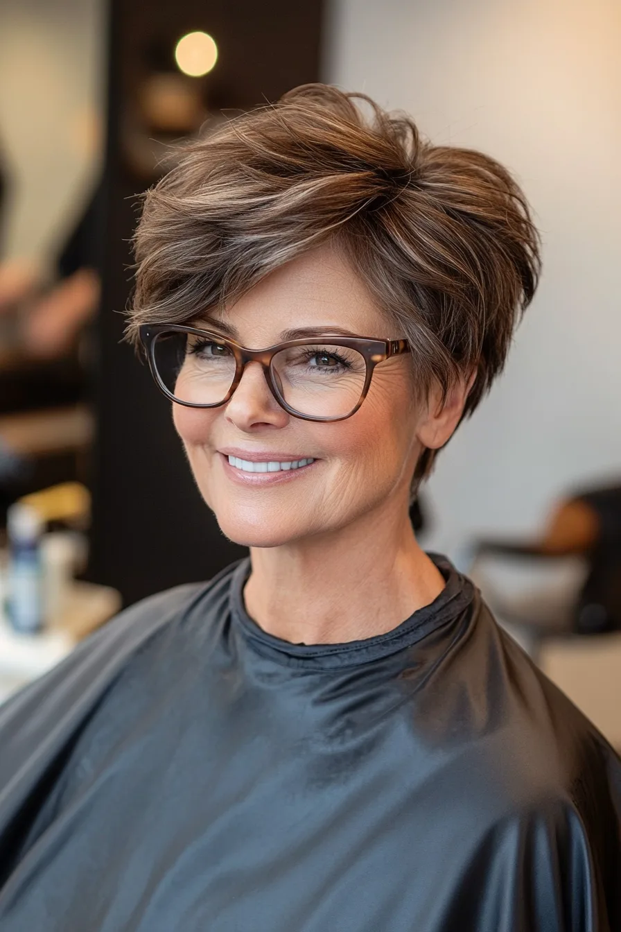 3. Warm Brunette Soft Sweep Pixie (Pixie Haircuts For Women Over 60 With Glasses) - Pixie Haircuts For Women Over 60 With Glasses