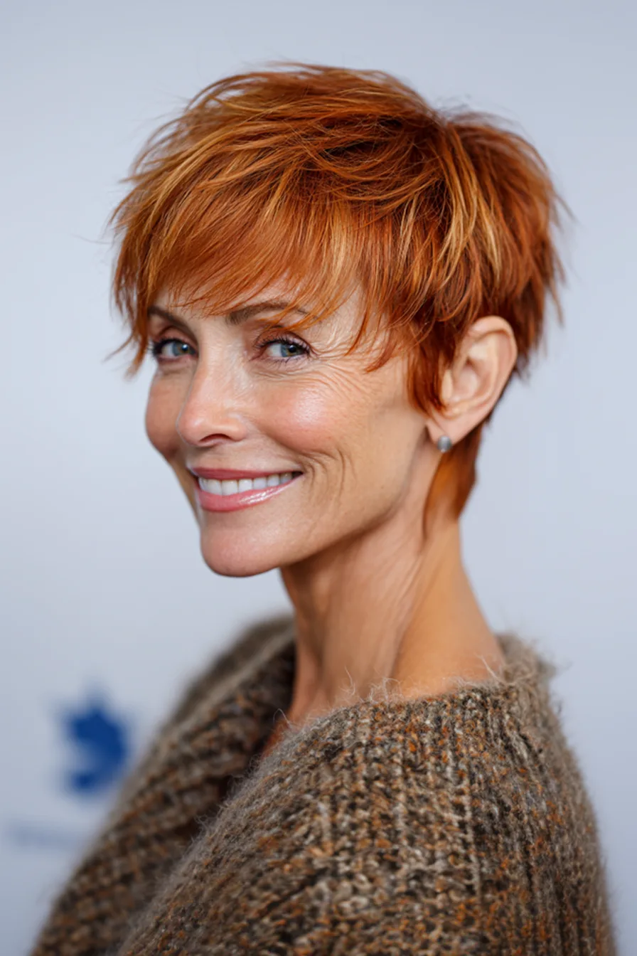 4. Copper-Toned Feathered Pixie (Fall Haircuts For Women Over 50) - Fall Haircuts For Women Over 50