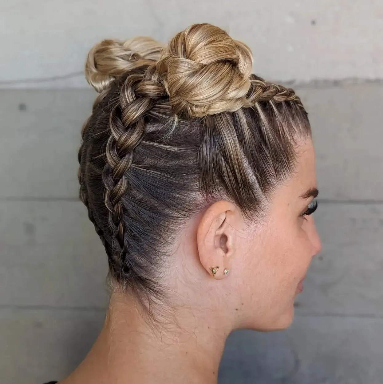 4. Double Braided Space Buns on Caramel Blonde Hair (Space Buns Hairstyles)