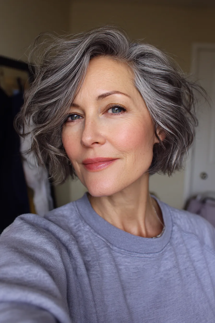 4. Stacked Wavy Bob in Ash Brown (Short Haircuts For Women Over 50 With Wavy Hair) - Short Haircuts For Women Over 50 With Wavy Hair