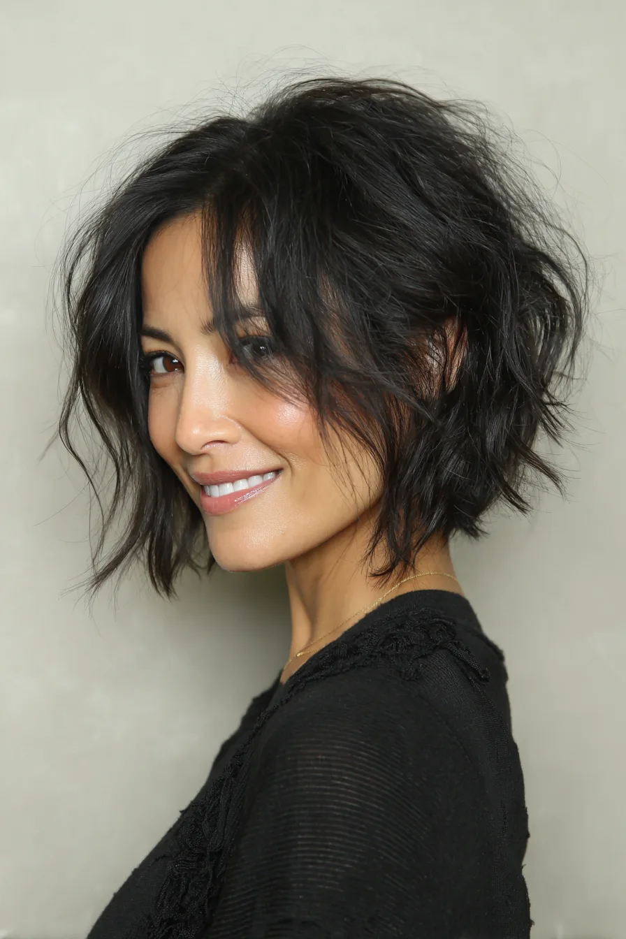 4. Textured Bob with Soft Black Sheen (Short Messy Hairstyles For Women Over 50) - Short Messy Hairstyles For Women Over 50