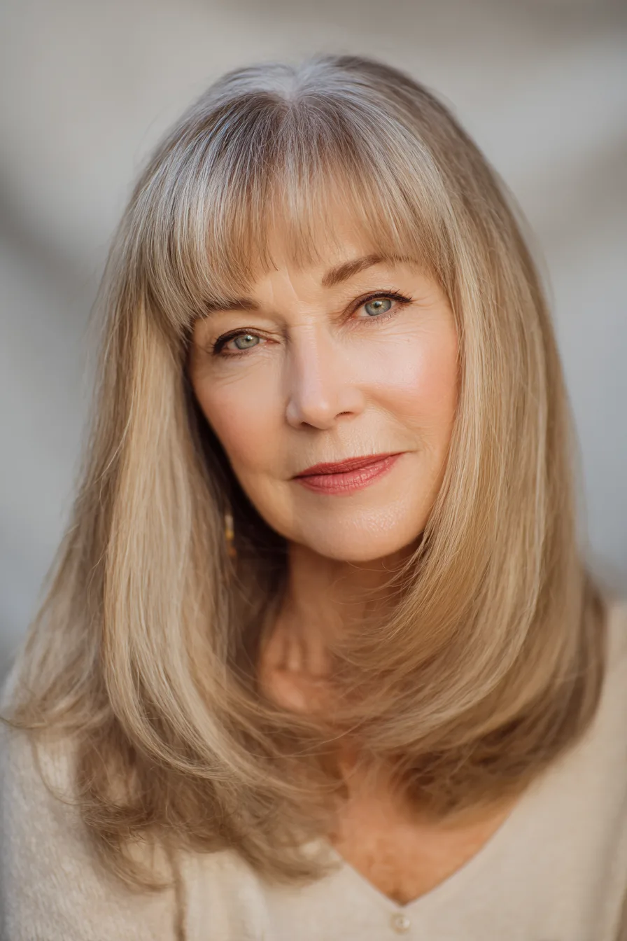 4. Voluminous Midi Cut with Full Bangs in Golden Blonde (Medium Length Hairstyles For Women Over 60 With Bangs) - Medium Length Hairstyles For Women Over 60 With Bangs