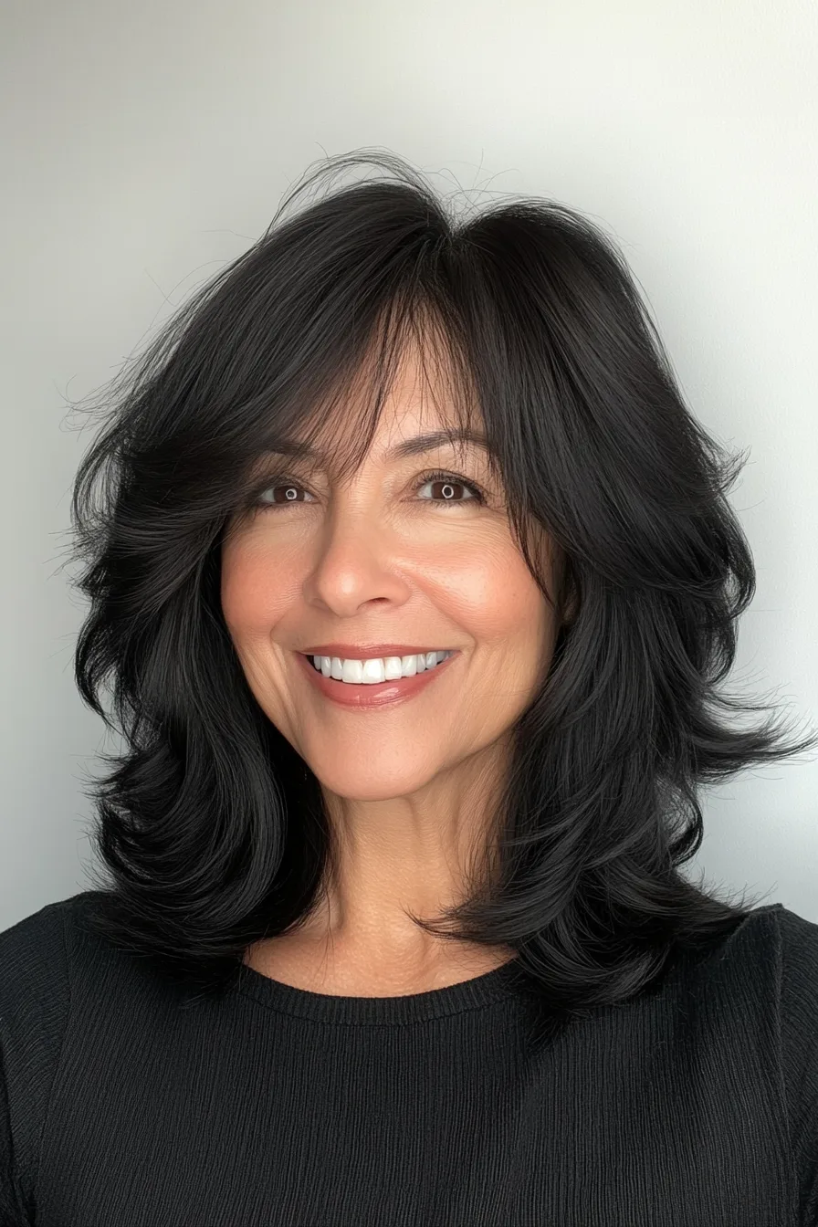 5. Feathered Shag in Natural Black (Easy Haircuts For Women Over 40) - Easy Haircuts For Women Over 40