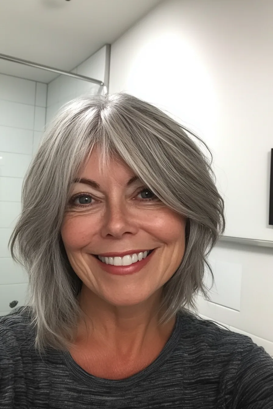 5. Salt-and-Pepper Layered Lob (Edgy Hairstyles For Women Over 60) - Edgy Hairstyles For Women Over 60