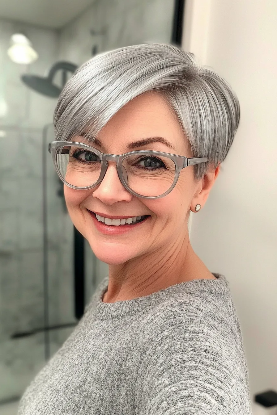 5. Silvery Tapered Pixie with Side Fringe (Pixie Haircuts For Women Over 60 With Glasses) - Pixie Haircuts For Women Over 60 With Glasses