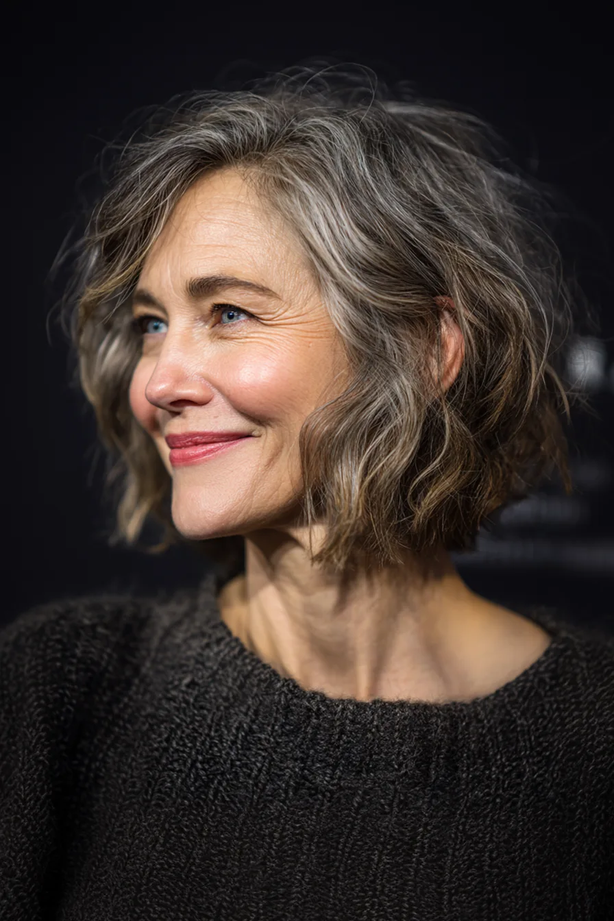 6. Layered Lob with Salt-and-Pepper Blend (Short Haircuts For Women Over 50 With Wavy Hair) - Short Haircuts For Women Over 50 With Wavy Hair