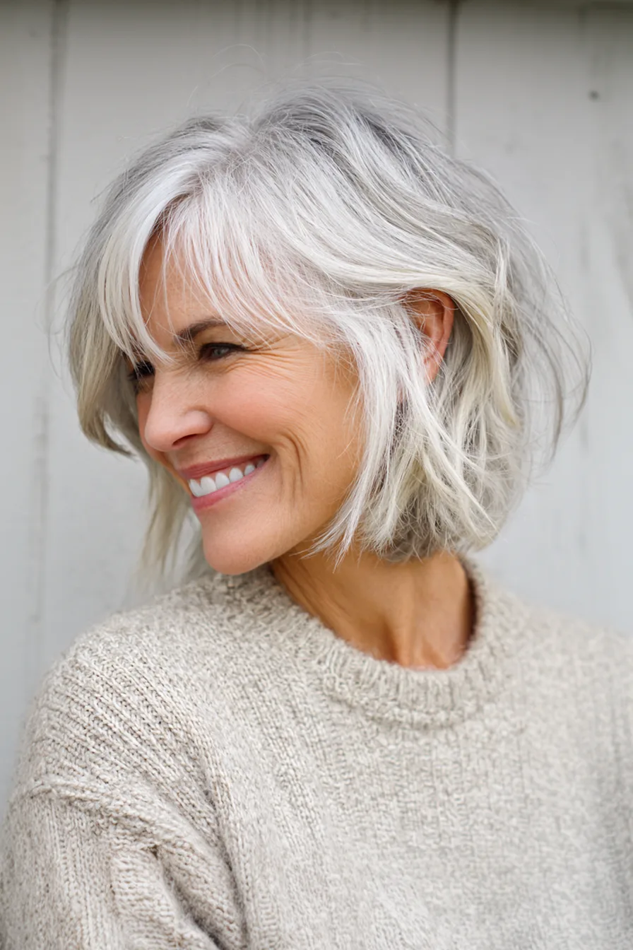 6. Silver Layered Bob with Side Bangs (Fall Haircuts For Women Over 50) - Fall Haircuts For Women Over 50